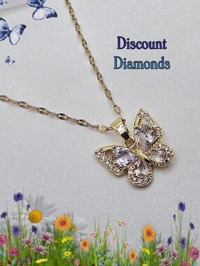 Butterfly Clear White Diamond Pendant Necklace 18K Yellow  Gold on Titanium
